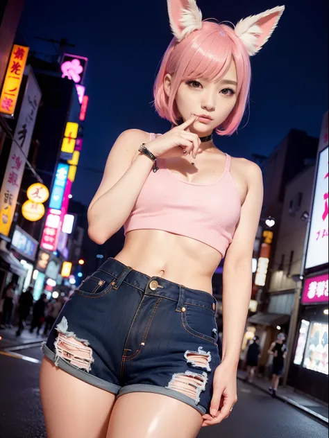 back alleys in tokyo、night city、neon street、sportsbra、jeans shorts、pink hair、realistic rabbit ears、rabbit ears pink hair stickin...