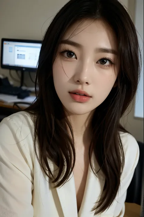 High-res, Realistic portrait of professional korean office lady with perfect skin，Professional suits，Womens suits，stand posture，The upper part of the body，Women in the workplace，Show confidence and maturity, Surrounded by a modern corporate environment, Vi...