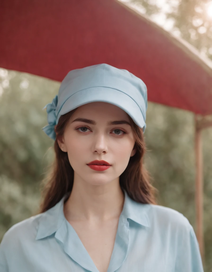 young woman in hat wearing a shirt over her head, in the style of light sky-blue and dark red, fujifilm pro 400h, kintsugi, alex colville, uhd image, troubadour style, fauvist portraiture, (upper body)