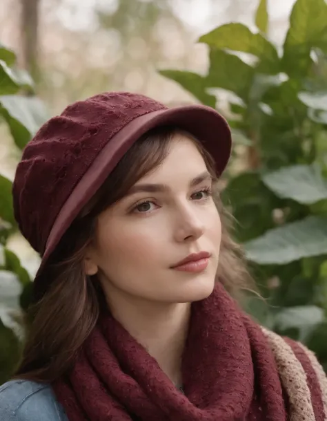 chick in hat with scarf against plants, in the style of dreamy portraits, maroon, candid photography style, honeycore, frayed, floral, normcore, (medium close-up)