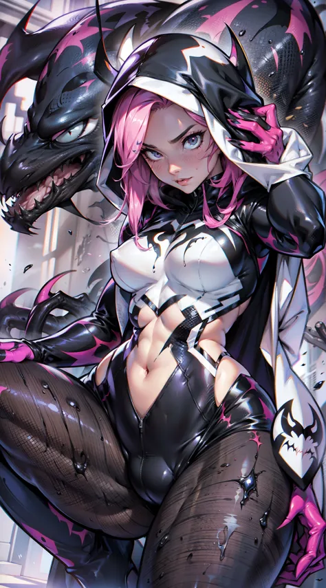 Mix between Spider Gwen and Venom, female anthropomorphic creature, gooey creature, symbiote glued to the body, gooey symbiotic clothing, gooey texture, hood over head, large breasts, wide hips, thin waist, thick thighs, full body image, UHD, super detail,...