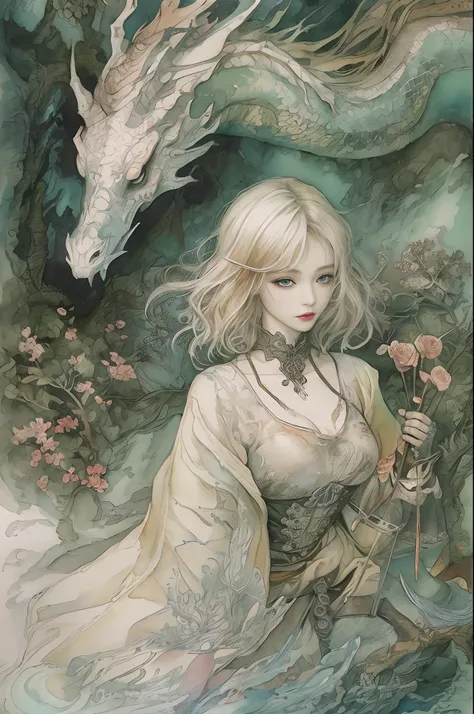 Top image quality、​masterpiece、watercolor paiting、Vivid coloring、Arthur Rackhams style、Aerial perspective、thirds rule、Norse man１People Beautiful Girl、slightly smaller eyes、Pretty small face、Light makeup、Platinum blonde short hair、middlebreasts、tall、squatti...