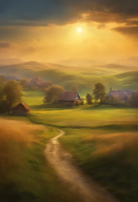 Best quality, Masterpiece, Super high resolution, (Realism: 1.4), Oil painting style, cinmatic lighting, The endless grassland is dotted with several houses, I stood on the empty asphalt road and looked at it, The fairy mountains are foggy, The crane is fl...