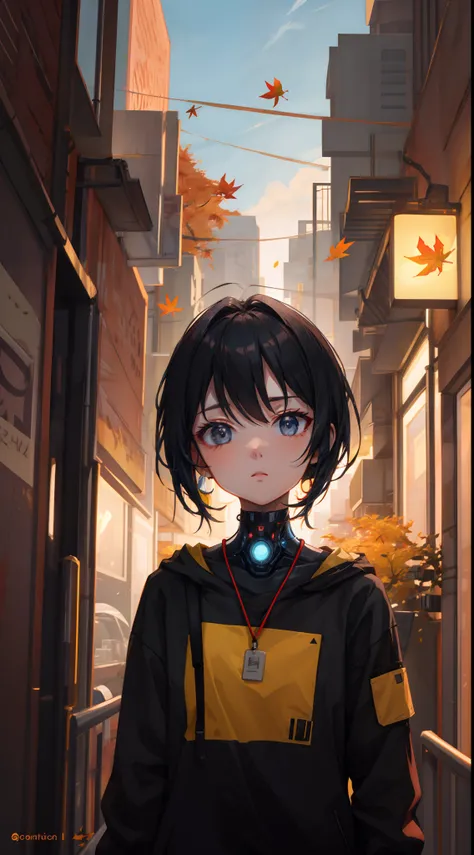 1 girl, upper body, single focus, futuristic beauty, cyberpunk attire, enigmatic gaze, (cybernetic autumnal streets: 1.4), (techno-harvest: 1.3), futuristic features, enigmatic aura, [depth of field, ambient lighting, cybernetic streets foreground, autumna...