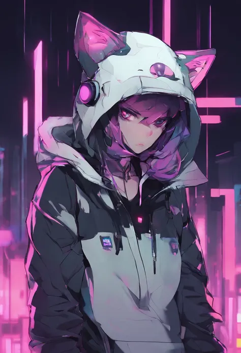 Cyberpunk style cat in hooded sweatshirt，putting on hat，Ultra sci-fi，Nothing to do with web images，Has a very unique personality，Extreme light chasing，Extreme light chasing，Extremely reflected light，Ultra-delicate skin and clothes，Super delicate hair，unity...