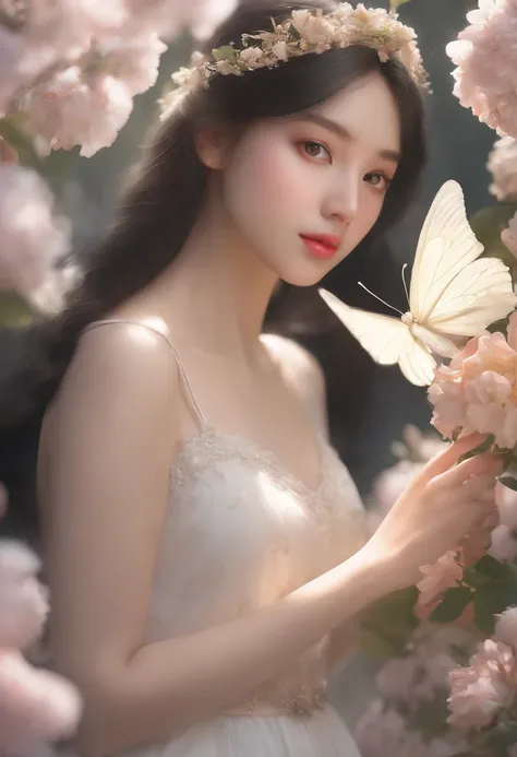 detail, Realism, 4K, 15-year-old girl, detail in face, Big yellow eyes, Plump lips, Upturned nose, Gray hair with black hair, wears a white dress, A rabbit in his hand, Flowers in the background, White butterfly in the foreground, Realistic shooting, Depth...