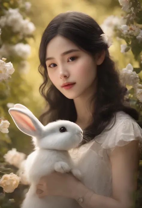 detail, Realism, 4K, 15-year-old girl, detail in face, Big yellow eyes, Plump lips, Upturned nose, Gray hair with black hair, wears a white dress, A rabbit in his hand, Flowers in the background, White butterfly in the foreground, Realistic shooting, Depth...