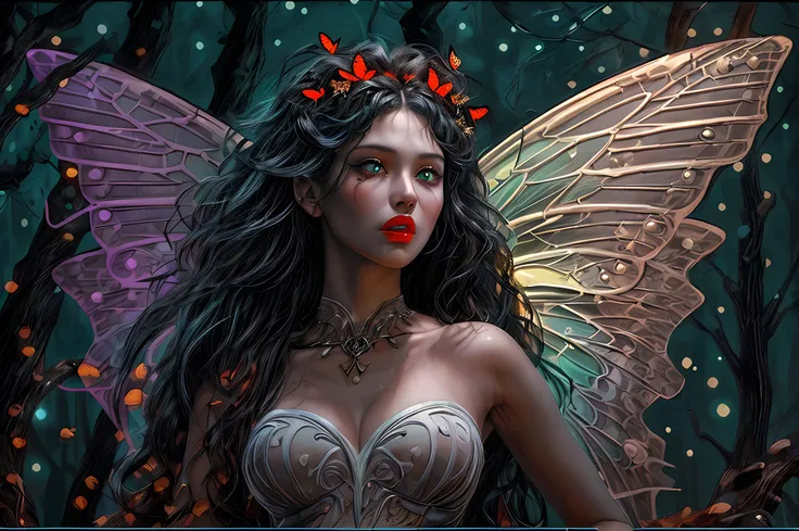 a picture of an exquisite beautiful female fairy standing under the starry night sky at the dark forest, full body (ultra detailed, Masterpiece, best quality), ultra detailed face (ultra detailed, Masterpiece, best quality), ultra feminine, red skin,  blac...