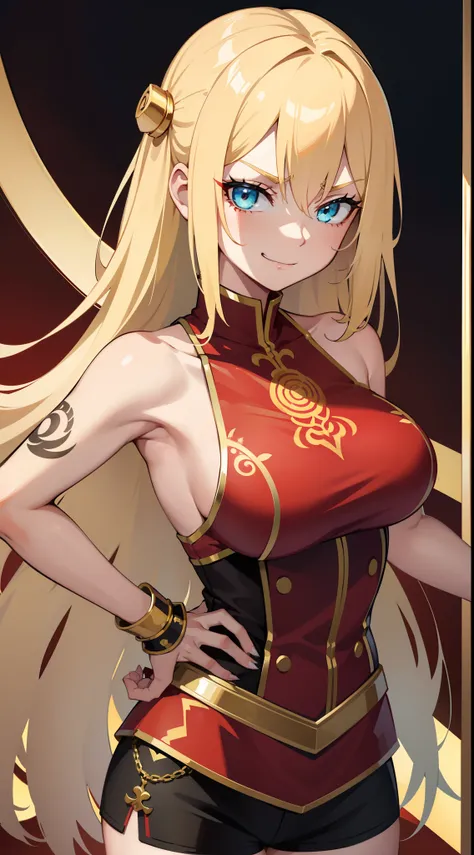 young girl, longue blonde hair, Hairpin with a bundle, turquoise eyes, Yakuza tattoos, red tight uniform, Sleeveless, Wide neckline on the chest to the abdomen, Gold Elements, Red gold armor, Shorts, claws, smirk, Masterpiece, hiquality, 4k, HD, Good detai...