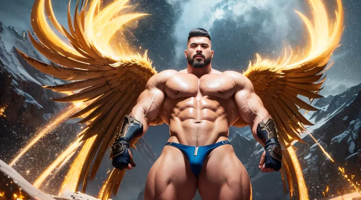 (Extremely detailed 8k wallpaper), A Chinese fighter，standing in the snowy mountain，High detail, Dramatic ，Epic，short detailed hair，short mustache，Wear white thongs，Perfect figure with tattoos, Very huge and strong body, Bulging muscles, musculous, Very la...