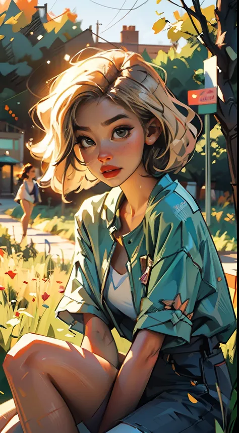 4K, high resolution, Best quality, Masterpiece, perfect, really warm colors, perfectly shaded, Perfect lighting, posted on e621, (by Jim Lee), masterpiece, digital paint, (close up, Cute girl, 20 years old, blond short hair ), sucking a lollipop, sitting i...