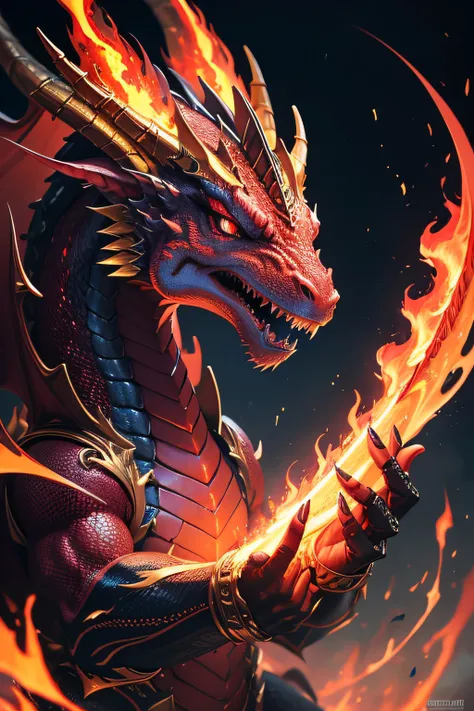 (Dragon Celestial Dorado) で (piercing red eyes),Close-up to let go (Bloodfire) Through the nose,Bullmetric Scale,hightquality,8K,Many details,Fire Paticles,Alas,4 Honji,Spotted nails,golds,danger,the fire,sharpteeth,Giant dragon,Colossal,threatening,imposi...