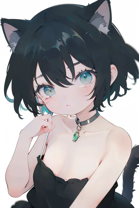 1 cat girl, short black hair, green eyes,White background