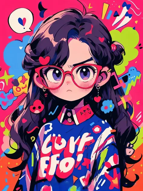 a girl with glasses and a colorful shirt，it has a heart shape on it, lovely art style, decora inspired illustrations, colorful! ...