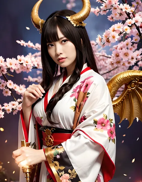 ((World of Darkness)),Professional , ​masterpiece、top-quality、photos realistic , depth of fields 、（sexypose）、(Background of cherry blossoms in full bloom),（Ultimate Beauty）、A dark-haired、（White bikini armor)、（Kimono with beautiful pattern）、（Night backgroun...