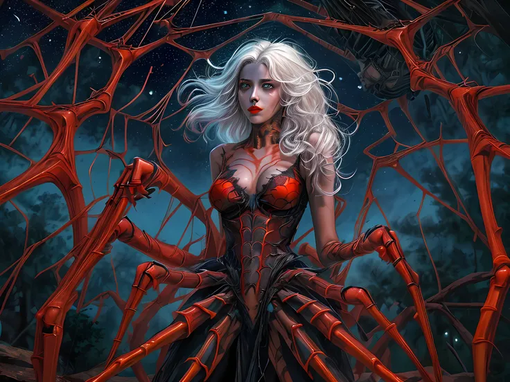 a picture of an exquisite beautiful female human spider anymorph standing under the starry night sky at the dark forest, full bo...