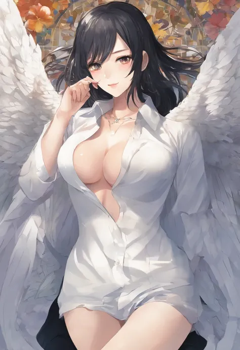 (Masterpiece:1.2, Best quality), (Real picture, Intricate details), (1lady,short black straight hair，Women without panties， Solo,full body，one the bed,sexy pose,)，white shirt,huge tit,((open white shirt:1.5)),Those who dont wear bras，，Naked lower body，Bare...