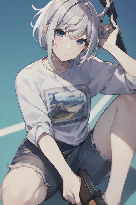 ​masterpiece、top-quality、女の子 1 人、10 talents、(独奏)、Viewer Perspective、Bangs short、Shirts and jeans、(ak-47:1.5)、white  hair、short-hair、Lori、Detailed eyes、The halo、Blue background、Blue theme、Department of Landmines、