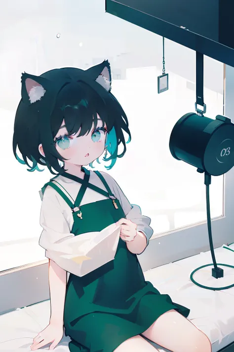 1 cat girl, short black hair, green eyes