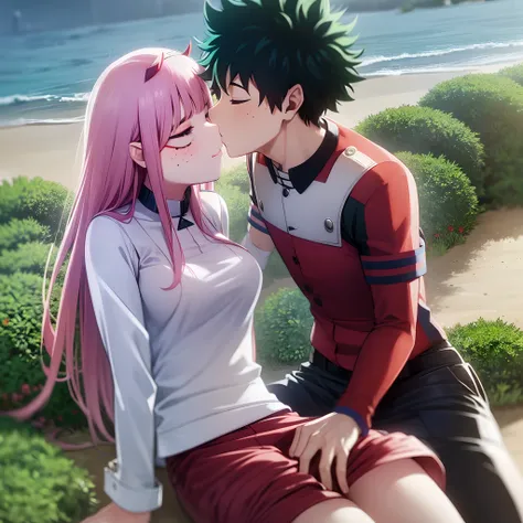 zero two, 1girl, zero two naked_shirt,vest_print:, izuku from bnha, izuku and zero two being a lovey dovey couple very affective in a beach, izuku with pants and pullover, love , happy, ,1girl,, ,sitting, standing, french kiss, kissing, 1boy, couple, husba...