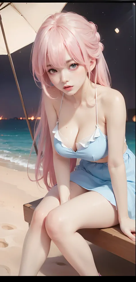 best quality, ultra high res, (photorealistic:1.4), 8k resolution, girl, (Pink hair:1.3), (realistic hair:1.2), (Korean girl:1.2), (realistic eyes:1.2), (beauty face:1.3), perfect body, white pale skin, big breast, cleavage, , (eyes looked up:1.3), (wet bo...