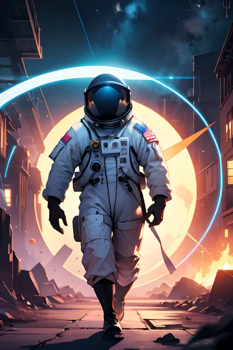 An astronaut walking into a portal to an alternative universe