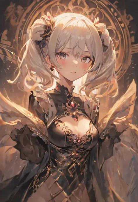 high quality, Rich in details, Silver haired girl with two tails posing cutely. They wear vintage gothic gothic clothing, wearing bracelets, earrings and necklaces. The big ones are also visible. The photo is a close-up of the face, with cleavage, shiny br...