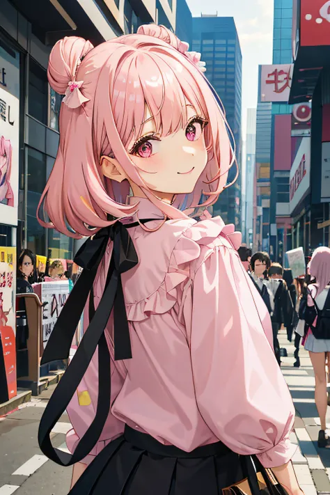 Light pink blouse,(((frilld))),  black ribbon around neck, Black pleated skirt, (((frilld))),  Twin-tailed,Black hair,pink streaked hair, black dull bangs ,Ribbon on the head, Shoot from behind,Looking back,Smile,Large crowds,akihabara