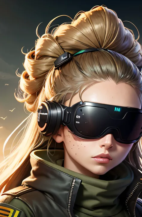 Very big futuristic VR goggles on the head, The hair color on the head is brown, The hair on the head is tied in one strand, The eyes are large and light brown, Large black-rimmed glasses, Freckles on the cheeks, Flight jacket in armygreen color, femele