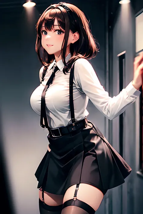 Black skirt, 　suspenders, Brown hair Gray eyes, Garter belt on the legs, Tight black clothes, 　　 a belt　Armpit sweat　　Dark look　Moderately breasts　holster　chain　　poneyTail