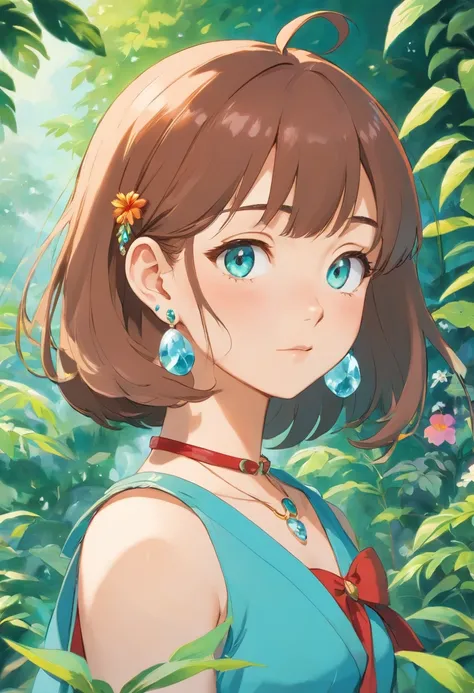 a girl wearing an anime collar, a long necklace and earrings, in the style of tranquil gardenscapes, colorful animation stills, masami teraoka, aquamarine, paul gauguin, Embry style, honest portrayal