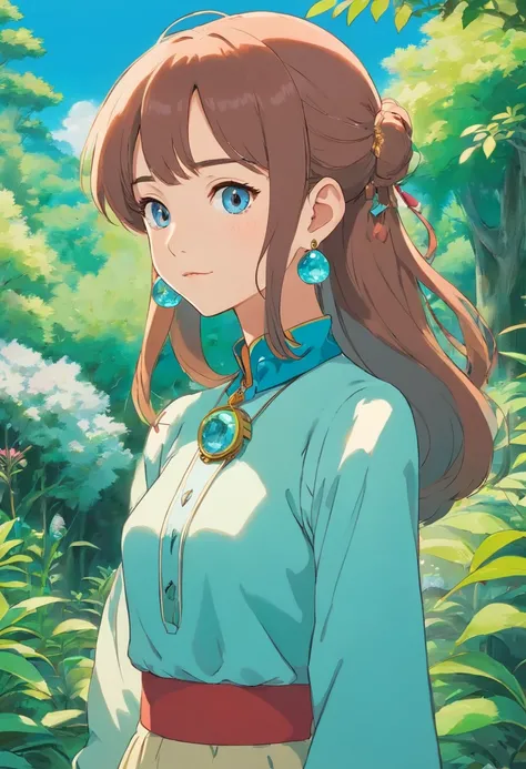 a girl wearing an anime collar, a long necklace and earrings, in the style of tranquil gardenscapes, colorful animation stills, masami teraoka, aquamarine, paul gauguin, Embry style, honest portrayal