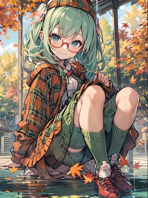 (Masterpiece), (kawaii:1.4), A girl, smiles,(Green tartan plaid dress in cardigan:1.2)open-fronted jacket, thighhighs, (not large tasty, Small breasts), (deep blue eyes), (Pale green hair, Short hair, forehead, Small pigtails), (red-half-rimed glasses), sh...