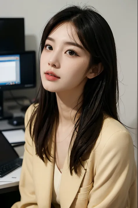 High-res, Realistic portrait of professional korean office lady with perfect skin，Professional suits，Womens suits，stand posture，The upper part of the body，Women in the workplace，Show confidence and maturity, Surrounded by a modern corporate environment, Vi...