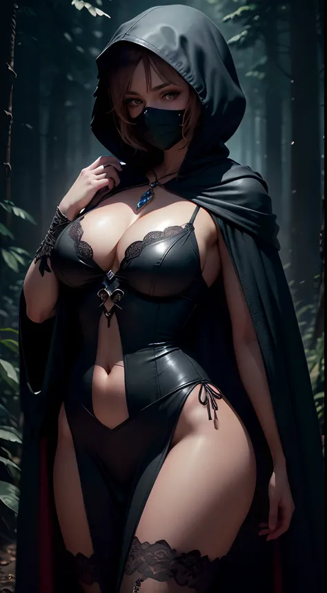 (ultra detailed, beautiful, masterpiece, best quality), solo, cowboy shot, looking at viewer, medium short hair, (big breasts, cleavage, thigh), (female grim reaper, simple black cloak, hood, wear a black face mask), midnight, dense dark forest, rim lighti...