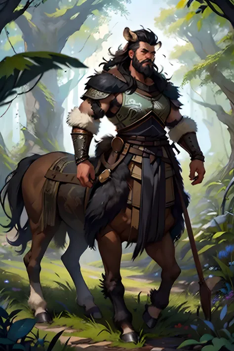 masterpiece, best quality, a portrait of a man, centaur, extremely detailed, looking at viewer, grizzly, stoic, black hair, bear...