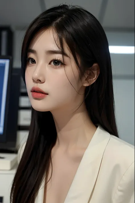 High-res, Realistic portrait of professional korean office lady with perfect skin，Professional suits，Womens suits，stand posture，The upper part of the body，Women in the workplace，Show confidence and maturity, Surrounded by a modern corporate environment, Vi...