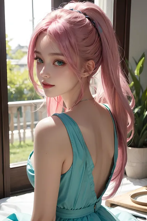 A 16-year-old girl，Pink hair，（High top fade in and out：1.3），Green eyes，Plump the body，Smile back，Gentle theme，soothing tones，pastelcolor，hight contrast，（Natural skin texture，ultra-realistic realism，the soft light，sharp）