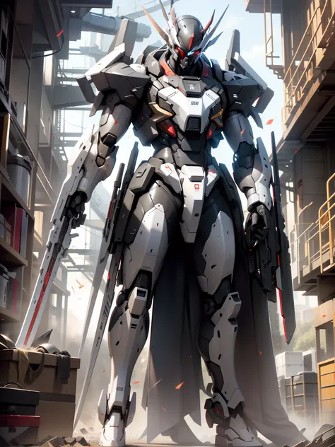 Hyper realistic illustration of super advanced ai 4D real life size of Gundam Venom, Black and Red Color wearing huge futuristic robe, neat and tidy body shape:: holding Super massive weapon, long shot, centered image, full view, hand granade, bulky, futur...