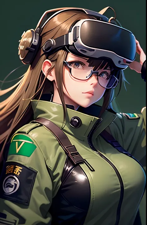 Wearing very big futuristic VR goggles on his head、Female Inventor, hair color is brown,、Tied into one, eyes are big、It has a light brown color, Large black-rimmed glasses, Freckles on the cheeks, Please wear an army green color flight jacket ,Modern anime...