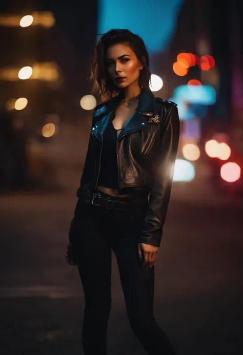 Portrait of emb-haiz, beautiful face, in cyberpunk city at night. She is wearing a leather open jacket,lingerie,  black jeans, dramatic lighting, (police badge:1.2).