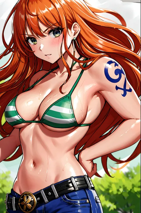 detailed background, masterpiece, 4k, epic, best quality, late youth, adult, wrestler body, strong, 1girl, active, energic, (large mouth) , solo, nami (one piece), 1girl, bangle, (very wet, drenched in sweat, sweat all over body, very wet hair, tired, open...