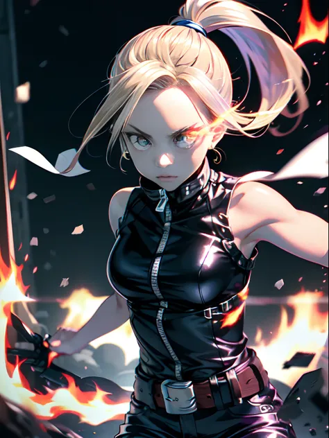 Sleeveless、Bare arms、Eye of Fire、blue-black leather pants, Silver zipper,Belt under the waist,superfine illustration,a blond , show forehead, Silver center zipper, Leather Blue Black Bodysuit, 3-sleeveblue-black, shiny, Blonde ponytail、 Red Flame Eye, Red-...