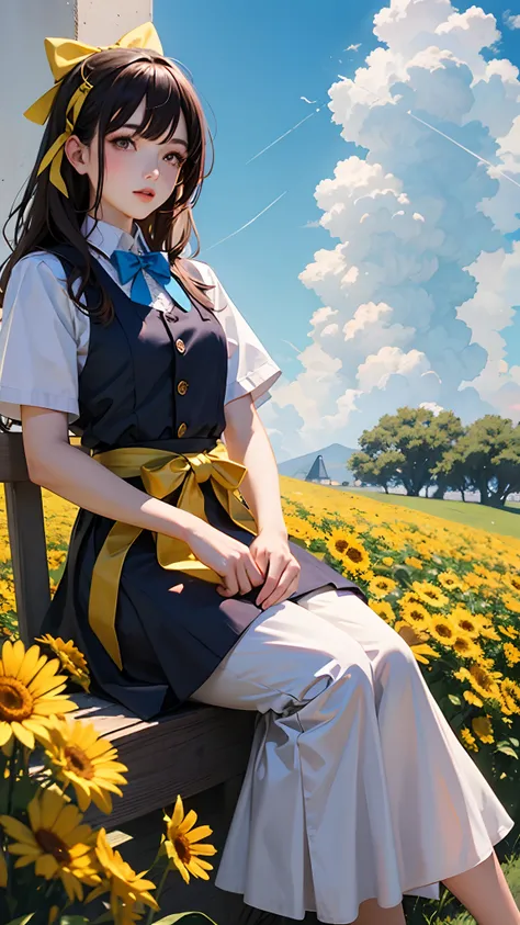 Fanart; 1girll, 1boys, dress, Outdoors, with blue sky and white clouds, yellow bow,, Ultra detailed