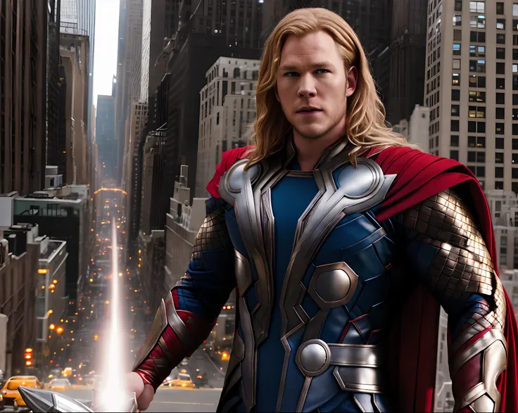 from avengers  realistic, a portrait photo of chris pratt as thor  in new york city, handsome, long blonde hair, metallic armor,...