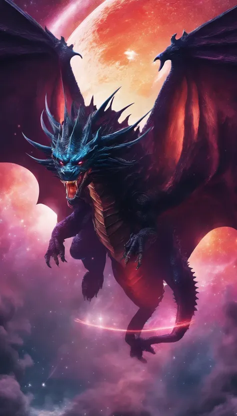 (Best quality,4K,High-res,Masterpiece:1.2),Extremely detailed,Gigantic,Western Dragon,Black Dragon,immensity,Ferocious creatures,Terrifying,Sharp scales,Vibrant colors,hot atmosphere,treasure,soaring through the sky,Overwhelming presence,Majestic wingspan,...