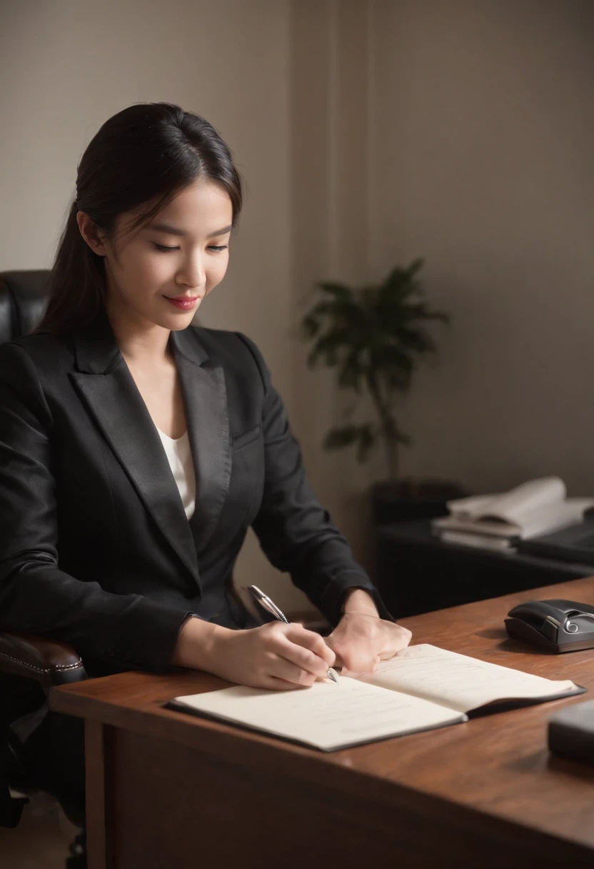 Wearing black leather gloves in both hands, upper body, black business suit, sitting on a chair at a desk in his room with a computer in the dark, looking down and smiling, writing a letter using a fountain pen, black hair bundled behind for a long time, s...