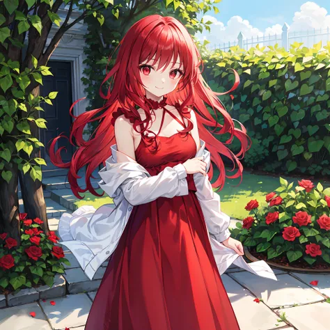 Wavy red hair、red eyes、Beautiful girl alone、RED dress、A smile、rose garden