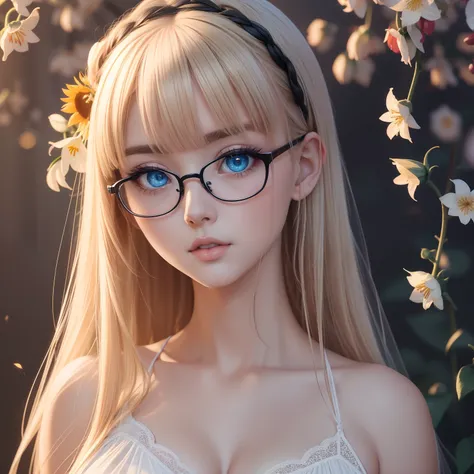 super high image, super detail, super high resolution, portrait, anime, manga, illustration, sexy cute female, glasses, blue sparkling big eyes, light blonde glossy braided bangs hair, red alluring moist lips, amorous expression, lewd expression, great pro...