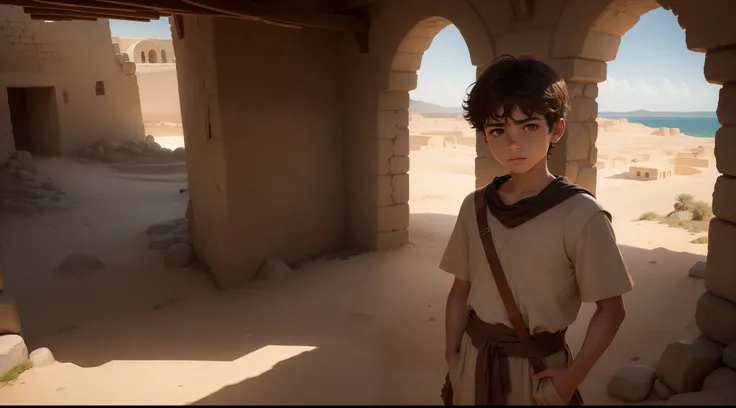 (best quality,ultra-detailed,realistic:1.37),a 13-year-old Israeli boy in a biblical setting,portrait,detailed facial features,strong gaze,dark brown eyes,olive skin,thick black eyebrows,freckles on the cheeks,messy dark brown hair,biblical clothing made o...